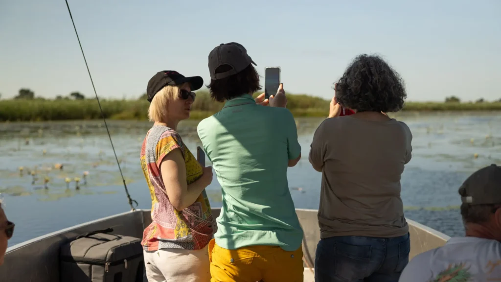 Travelers on a boat safari in the Okavango Delta, Botswana, taking photos of the lush wetland landscape filled with water lilies.