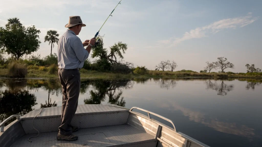 A man fishing in a boat in the Okavango Delta with calm waters and a scenic backdrop of trees.